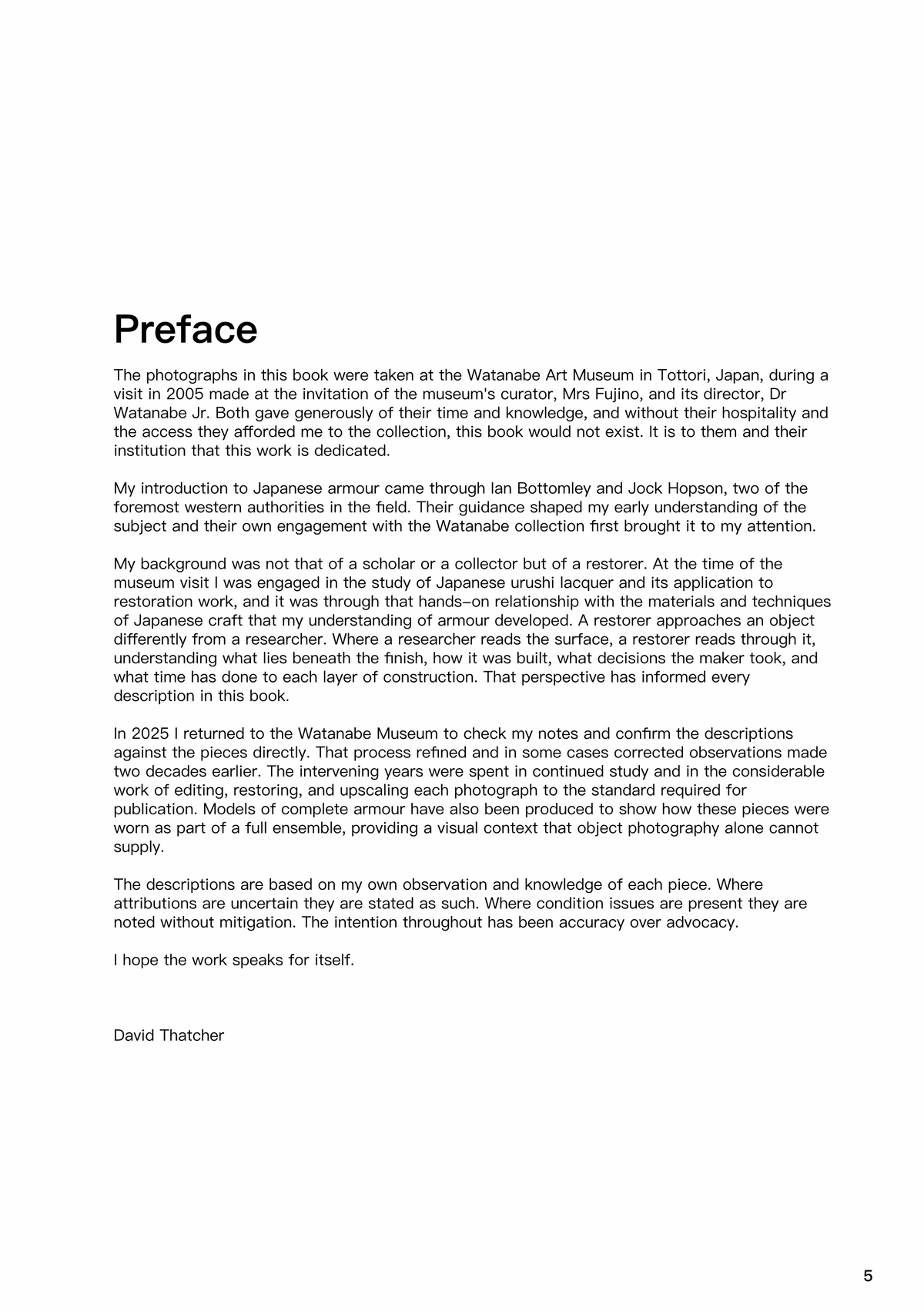 Preface page from David Thatcher’s book on Japanese samurai armour, describing his research and work with the Watanabe Art Museum

