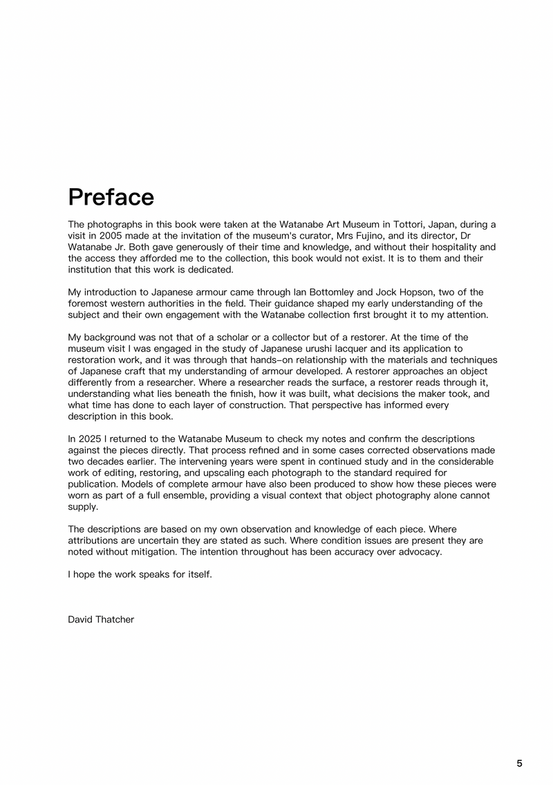 Preface page from David Thatcher’s book on Japanese samurai armour, describing his research and work with the Watanabe Art Museum
