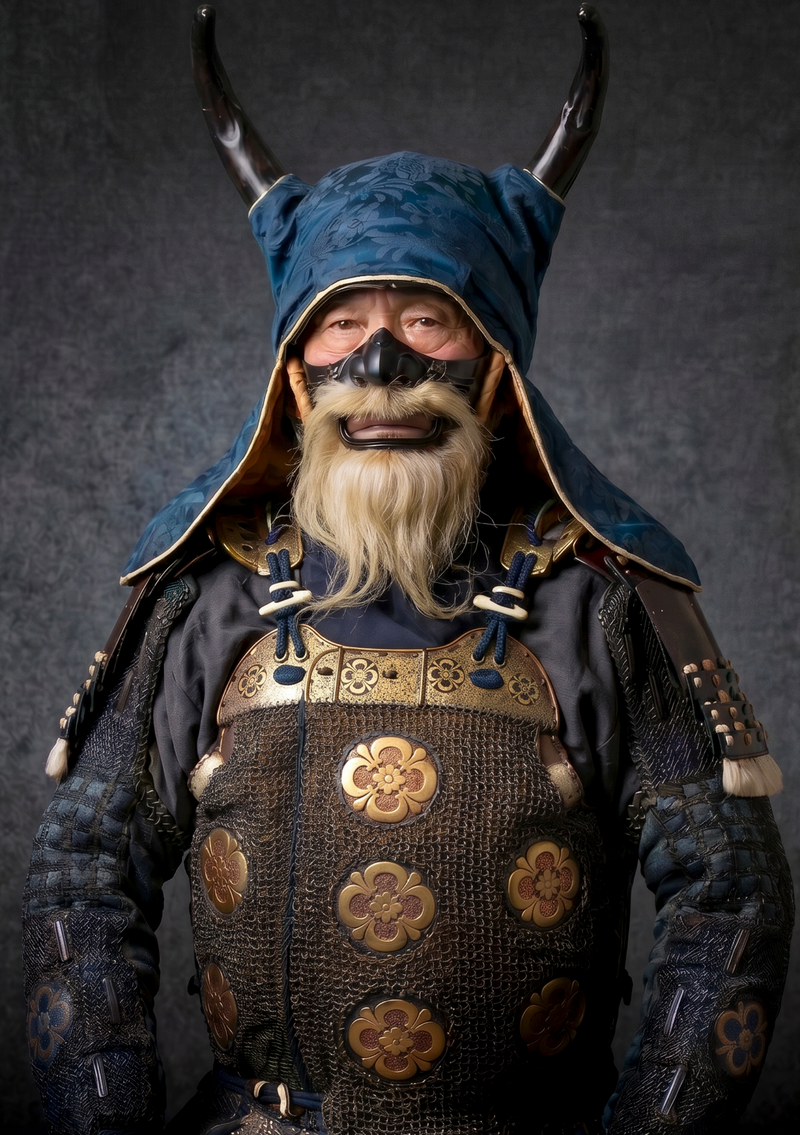 Japanese samurai armour with a horned kabuto beneath a blue brocade hood, menpo face mask and floral crests