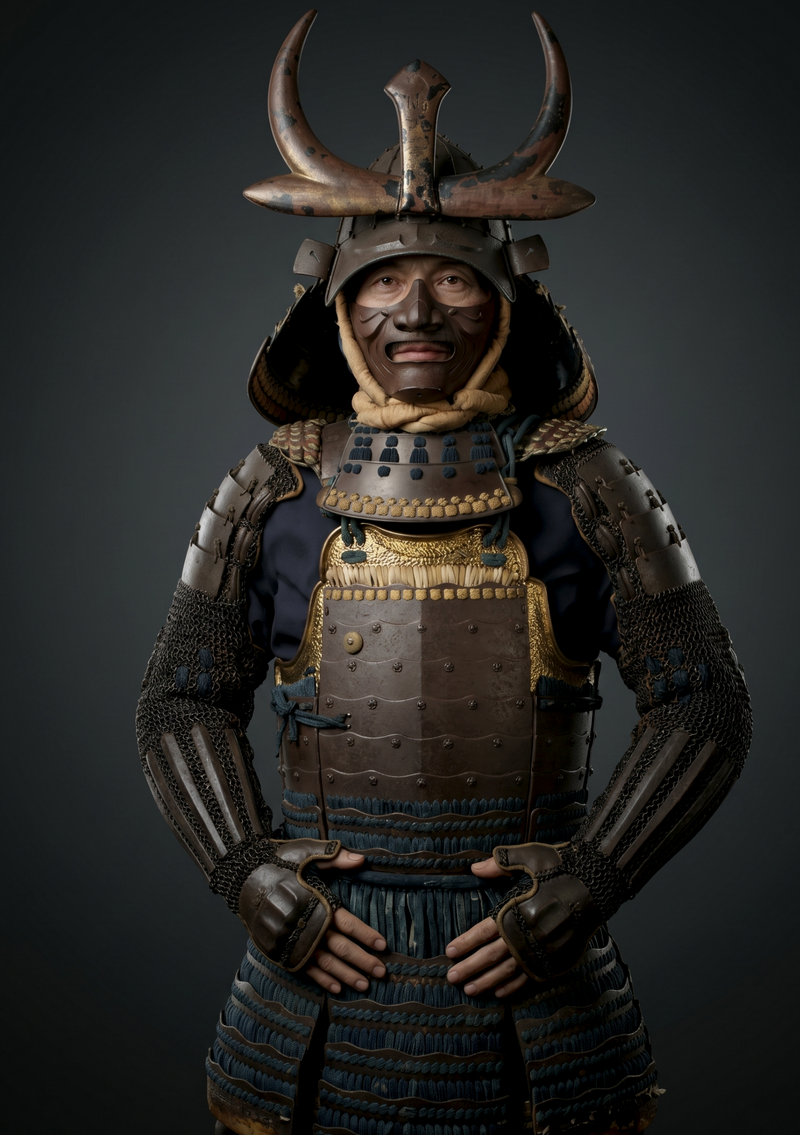 Japanese samurai armour with horned kabuto helmet and mengu face mask featured in David Thatcher’s signed hardback book