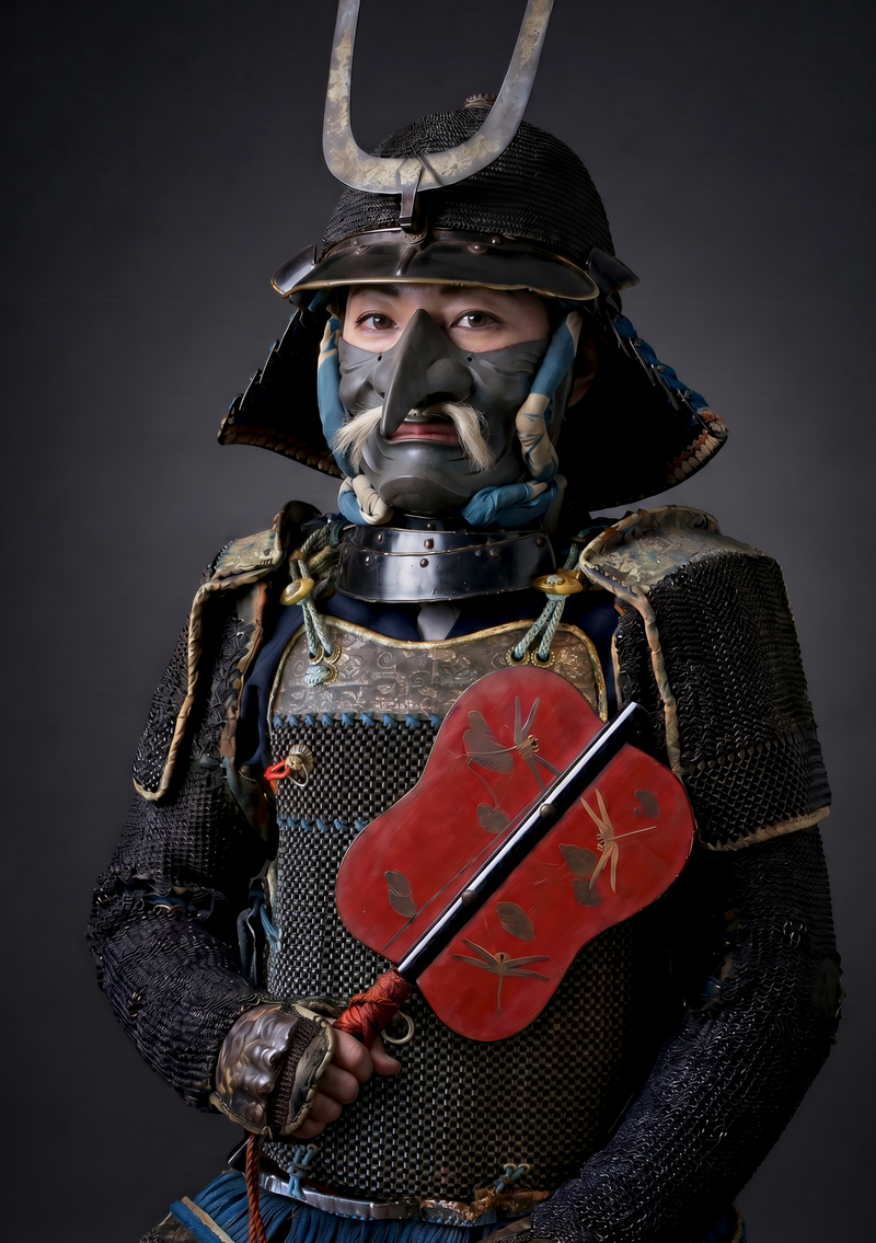 Japanese samurai armour with kabuto helmet, menpo face mask and red lacquered gunbai war fan