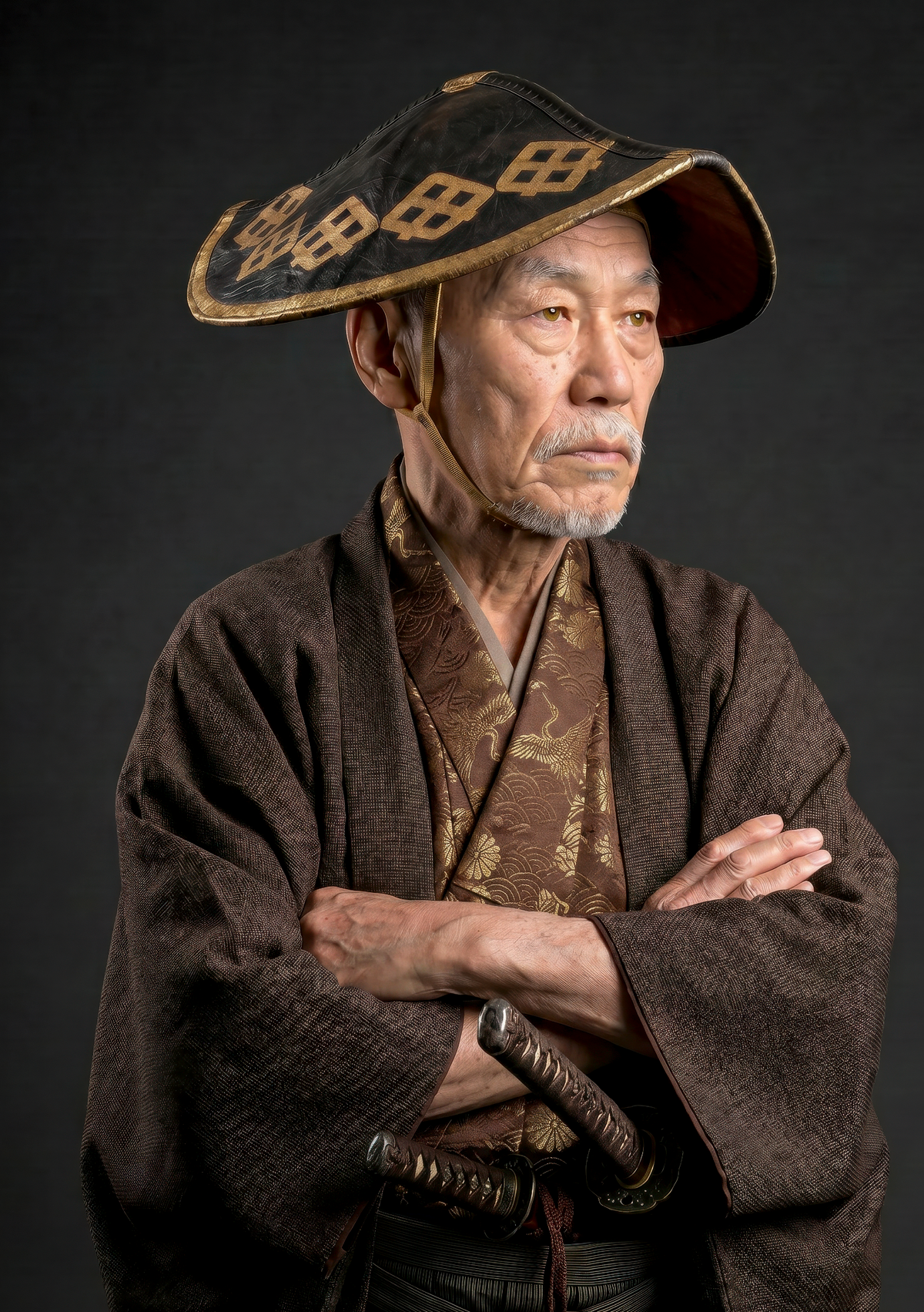 Japanese samurai wearing a lacquered jingasa hat and kimono with a daishō pair of swords