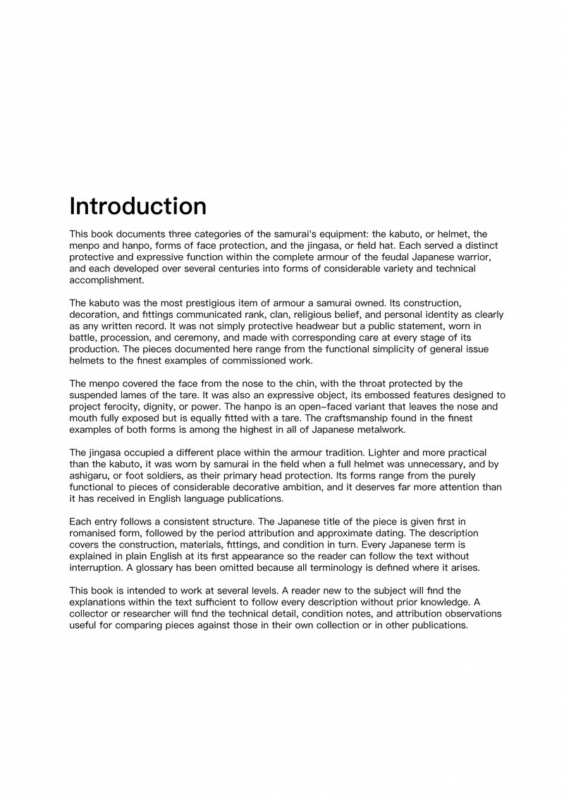 Introduction page from David Thatcher’s book explaining Japanese samurai armour, kabuto helmets, mengu face masks and jingasa